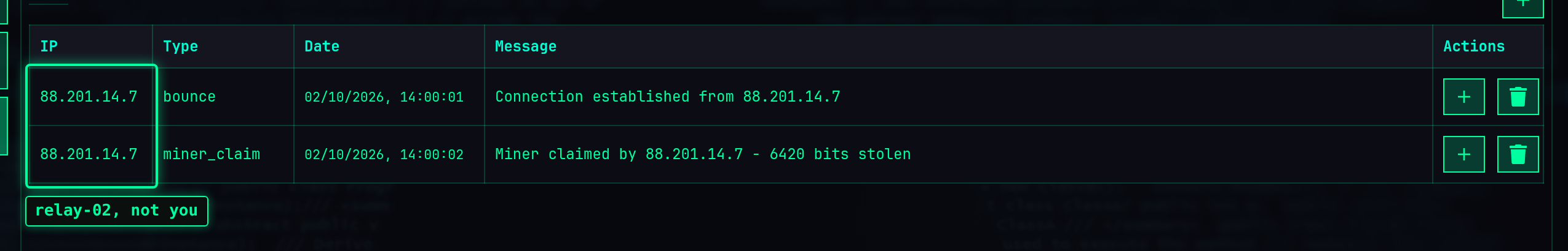 The target's access log: the recorded IP is relay-02's, not the attacker's