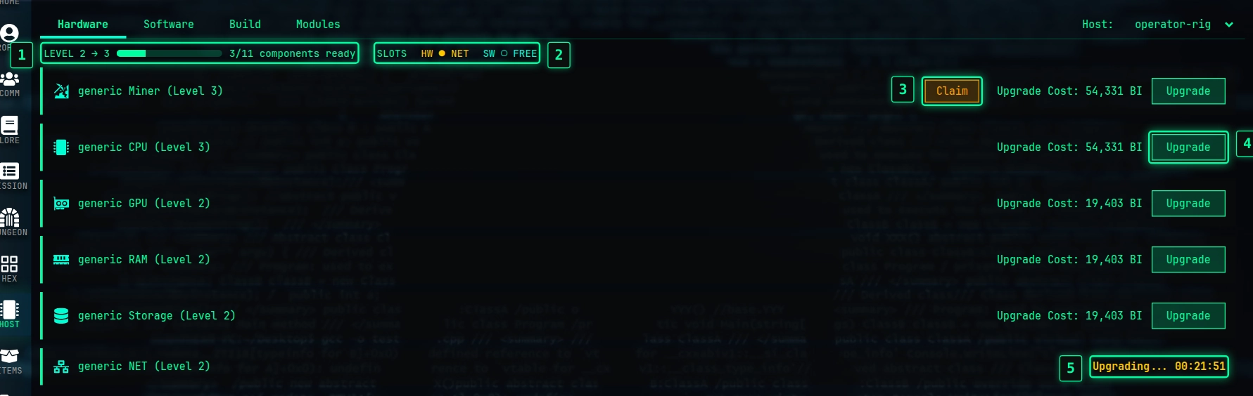 The Host Manager: the level bar, both upgrade slots, and a component upgrade running