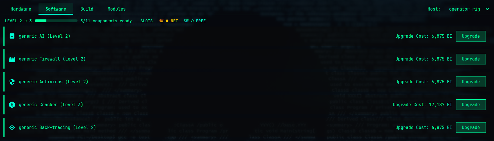 The Software tab of Host Manager, listing each software component with its upgrade cost