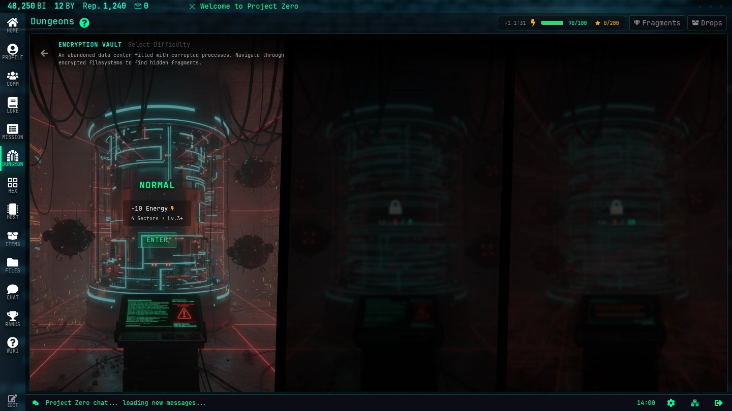 The difficulty screen of the Encryption Vault: Normal open, Hard and Hell locked