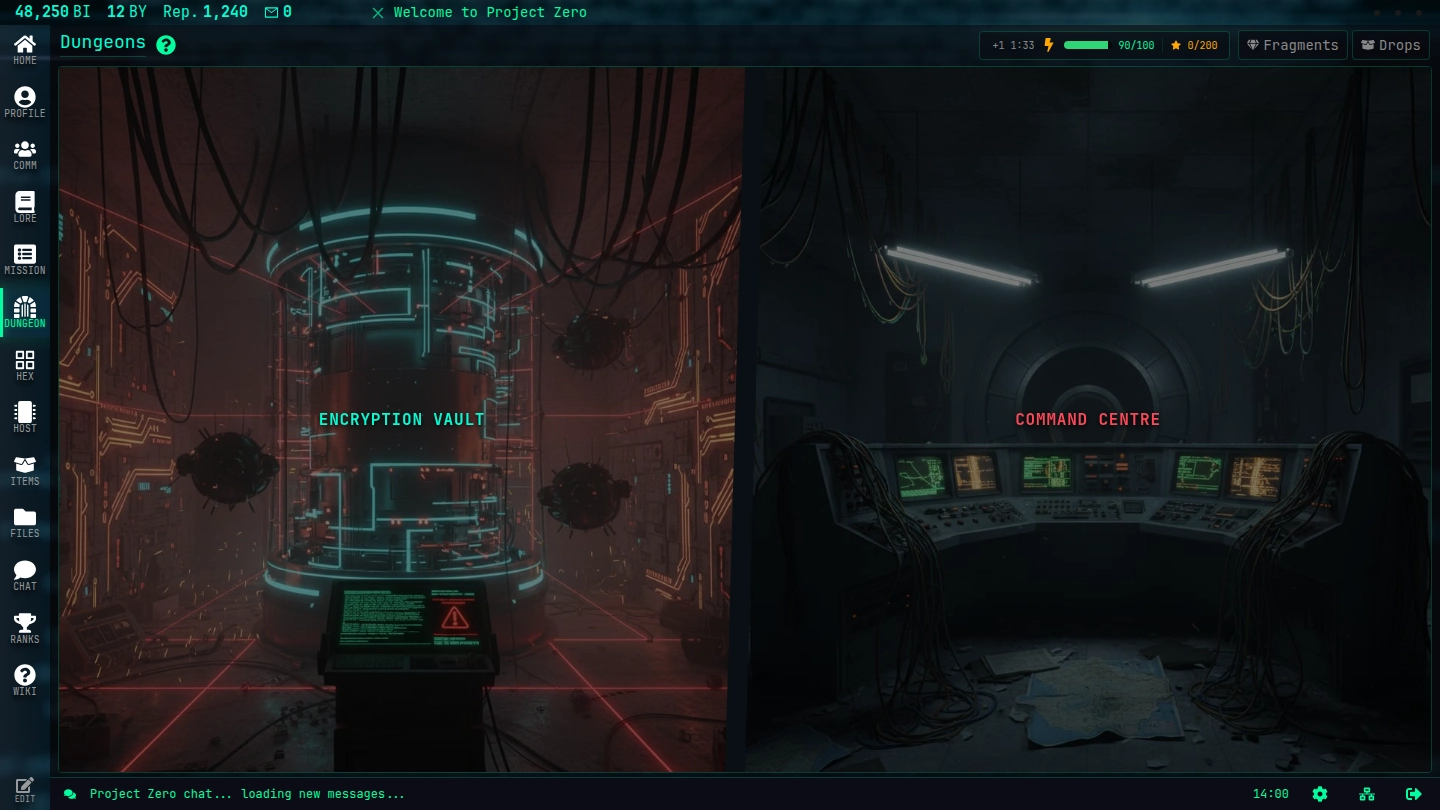 The dungeon lobby: Encryption Vault on the left, Command Centre on the right, energy at the top