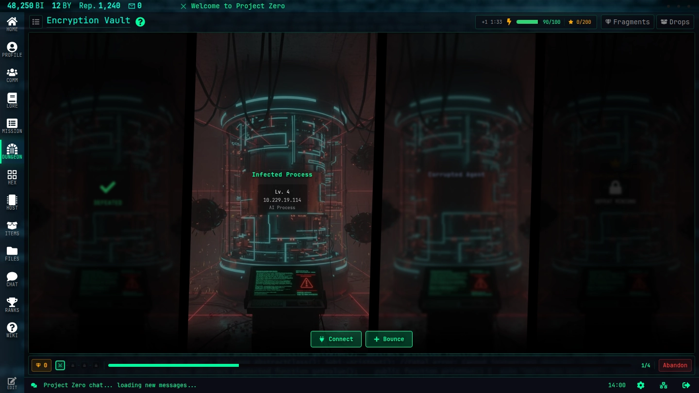 A dungeon run: enemy cards of the first sector, one defeated, one selected with Connect and Bounce buttons