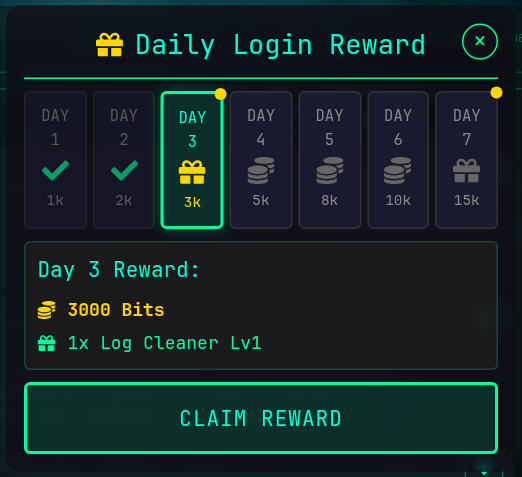 The daily login reward popup, with day 3 ready to claim