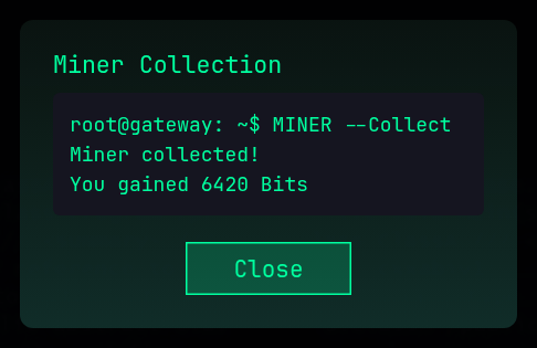 The miner collection popup showing the Bits gained from a target's miner