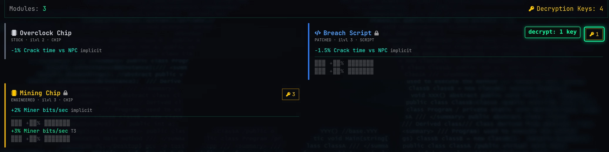 The Modules tab: a Stock chip, an encrypted Patched script and an Engineered chip with one affix revealed
