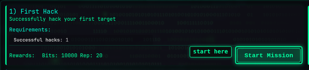 The First Hack mission card in the Available tab with its Start Mission button