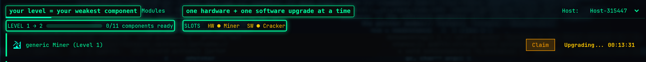 Host Manager with the level bar and both upgrade slots busy with Miner and Cracker
