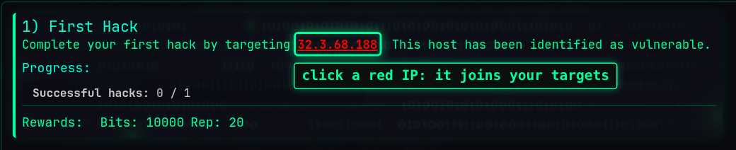 An active mission with the target IP shown in red, ready to be clicked