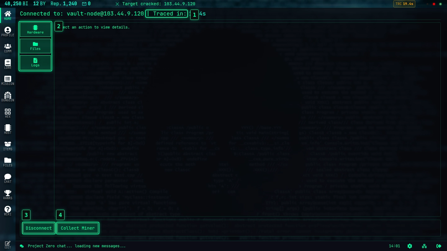 The connected view of a cracked host: trace countdown, Hardware, Files and Logs buttons, Disconnect and Collect Miner
