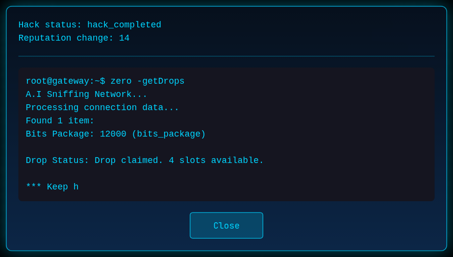 The hack results window with a Bits Package drop and the reputation change