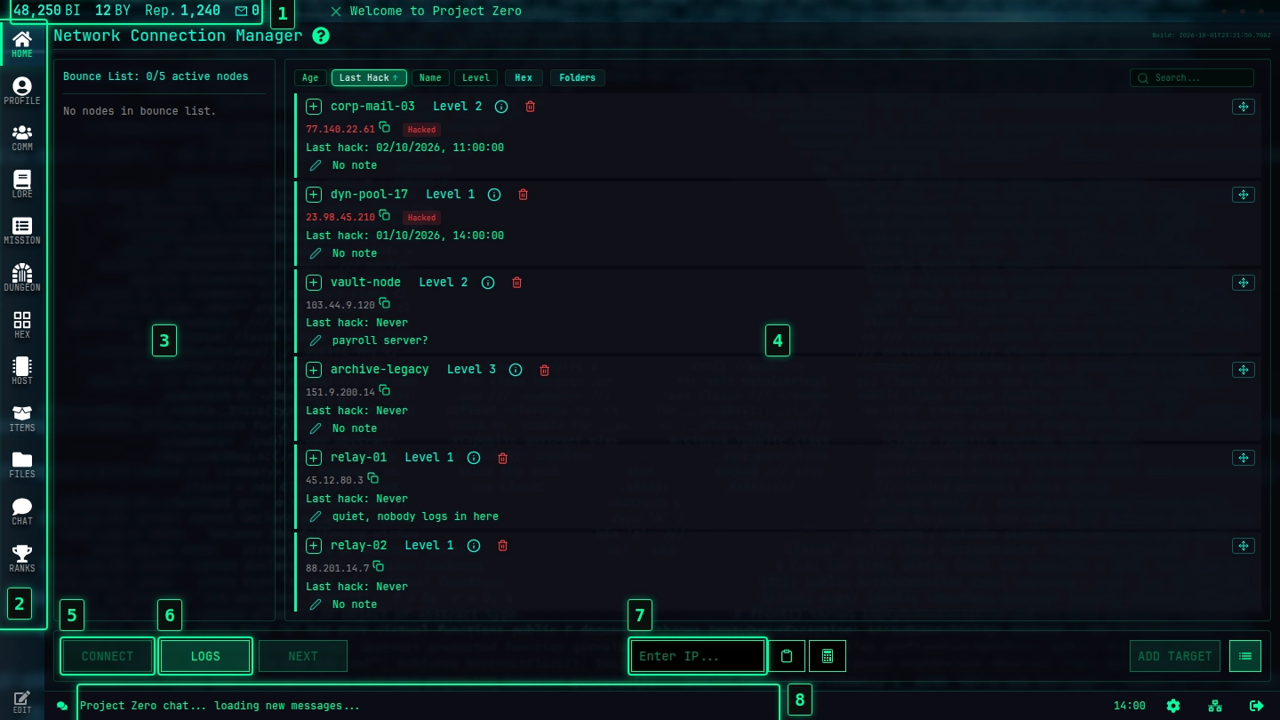 The Project Zero home screen with eight numbered parts: header, sidebar, bounce list, target list, connect button, logs button, IP field and chat bar