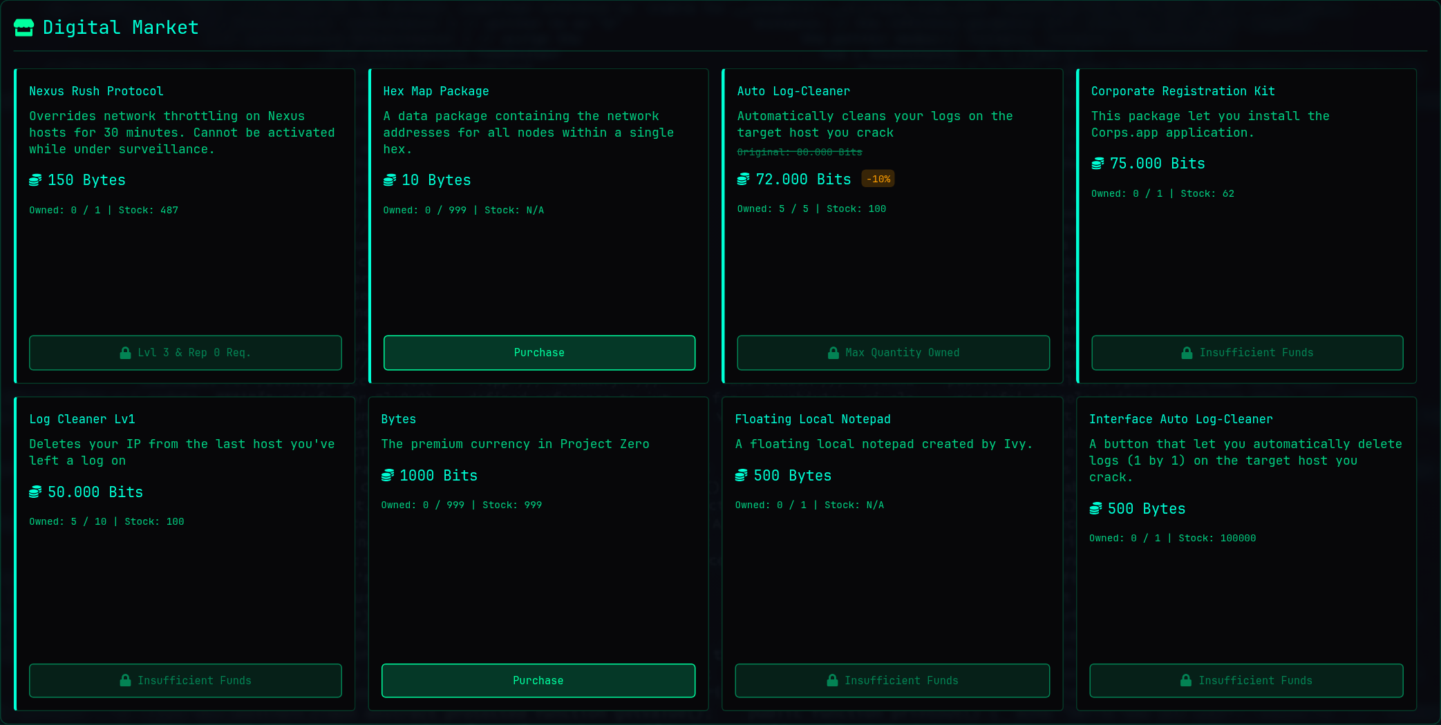The Digital Market shop tab with items such as Hex Map Package, Log Cleaner and Corporate Registration Kit