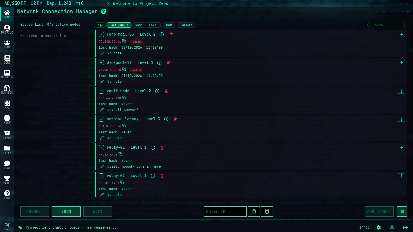 The Project Zero home screen: the Network Connection Manager with a list of target hosts