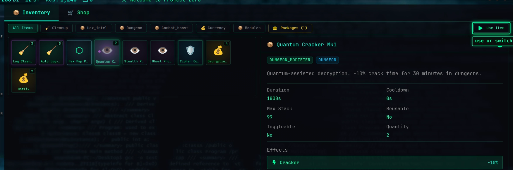 The ITEMS page: category filters, the item grid and the details of a Quantum Cracker