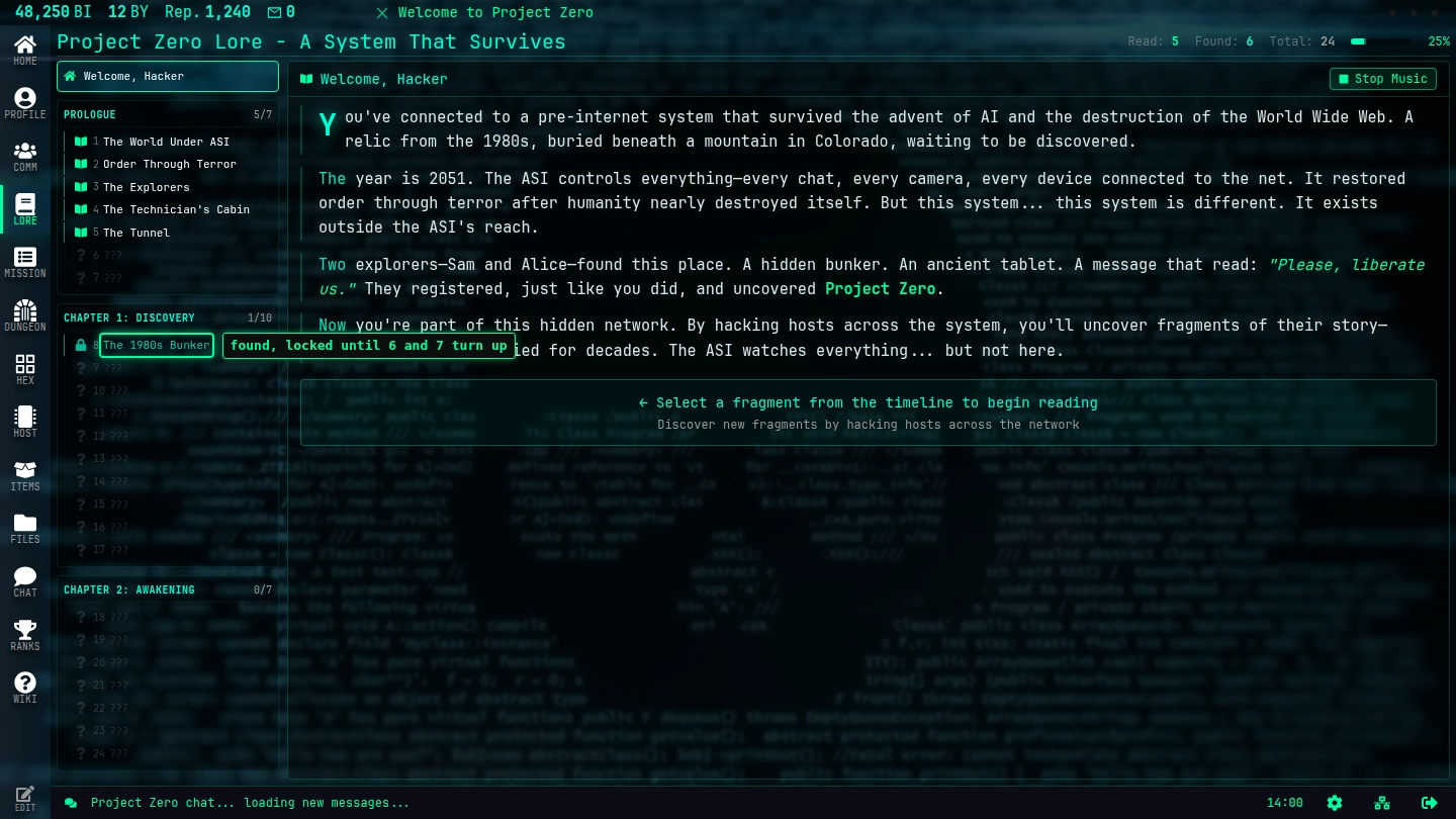 The LORE page: fragments grouped by chapter, five read, one found but locked, the rest unknown