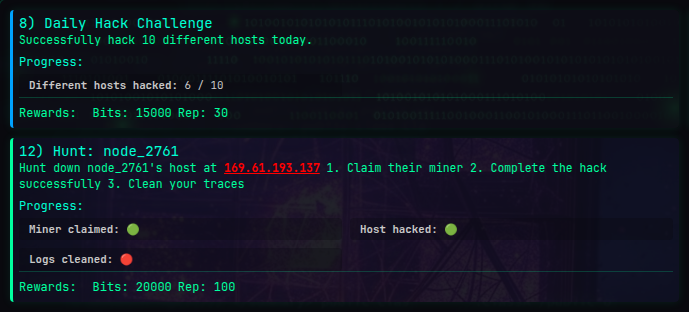 Active missions: a daily with partial progress and a hunt with its steps ticked off