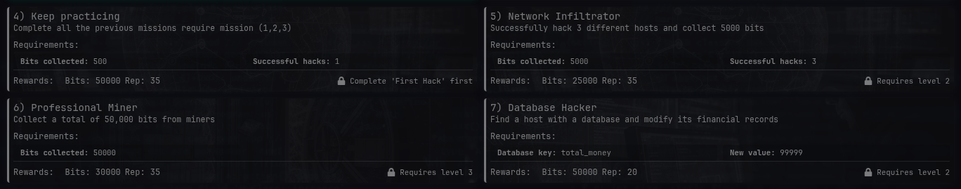 Locked mission cards showing their reasons: Requires level 2, Complete First Hack first