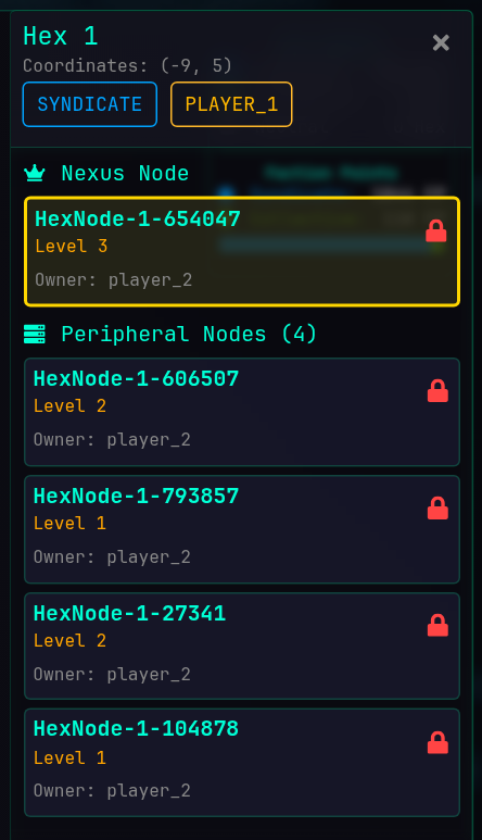 A hex opened on the map: its controlling faction, its Nexus node and four peripheral nodes