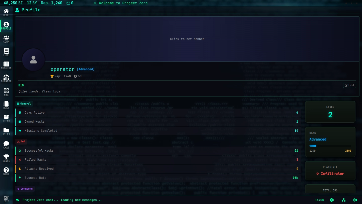 The PROFILE page: avatar, banner, bio, hacker rank, level, playstyle and combat statistics