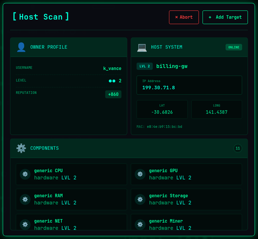 A Host Scan window showing a host's owner, level and components before you add it
